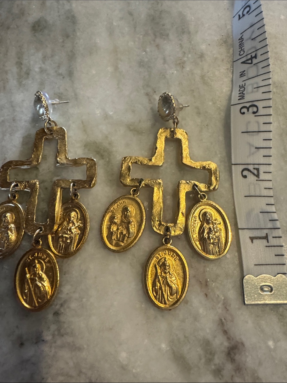 Gold Cross Dangle Earrings with  Medallions Susan Shaw - Picture 3 of 3